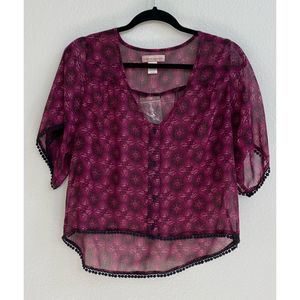 Band Of Gypsies Sheer Purple Printed High Low Blouse Womens size Small